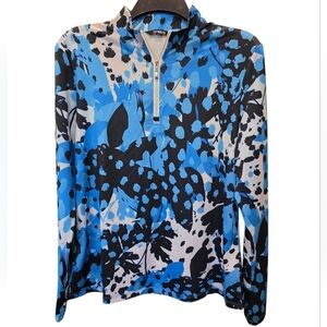 CEGOLFS Blue and Black Abstract Print Athletic long sleeve polo